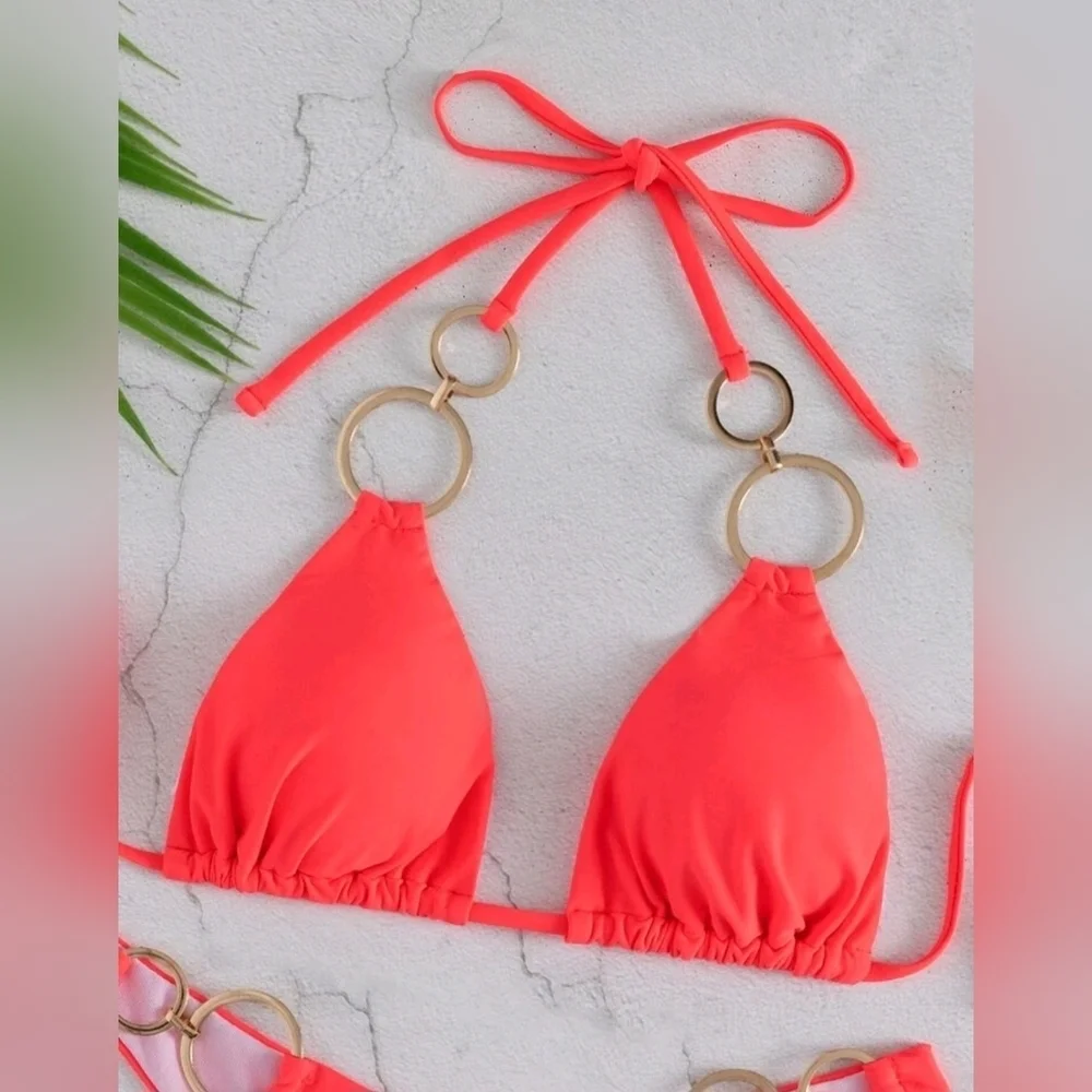 NWT Swim Vacation Plain Ring Linked Halter Bikini Swimsuit